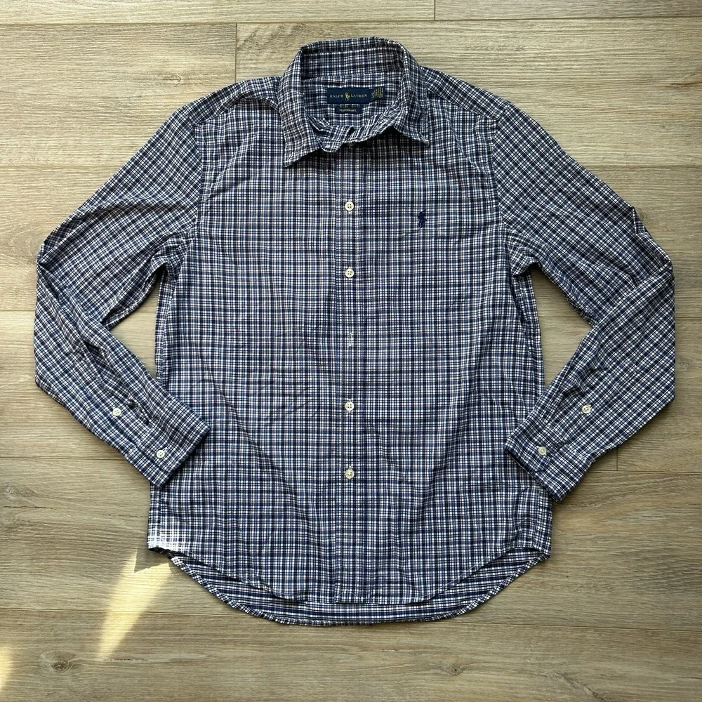 Ralph Lauren Shirt Youth Large Blue Embroidered PonyCasual Button‎ Up Blue Plaid
